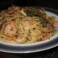 Spaghetti aux crevettes, safran et champignons