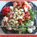 Salade de crudités, saumon, lump, caille