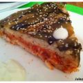 Gateau d'aubergine, riz et sauce tomate