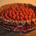Gâteau au chocolat, guimauves et framboises