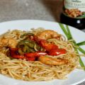 Gambas sauce Sukiyaki, sur un lit de noodles