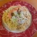 Spaghettis, poireaux et crevettes