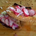 Tartine de simit, radis et beurre d'oignon rouge