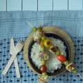 {Plat} Brochettes de poulet épicées aux olives.
