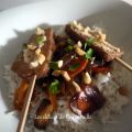 Brochettes de tofu, cacahuètes et légumes sautés