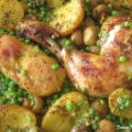 Rôti poulet et aux petits pois.