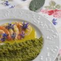 crevettes sauce agrume et purée de petits pois
