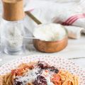 Spaghetti au chorizo, sauce au poivron