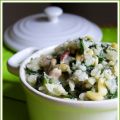 Risotto aux blettes, lardons fumés et pignons.